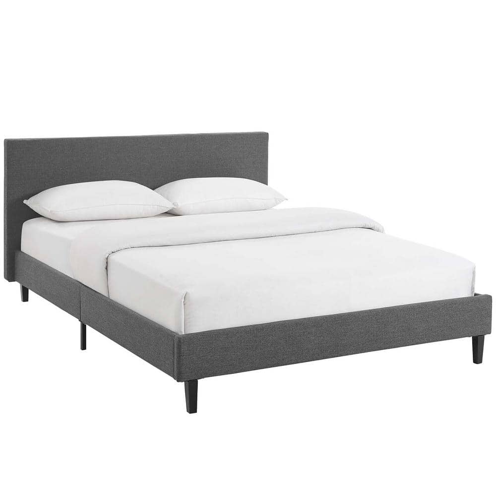Gray Full Upholstered Platform Bed with Wood Slats