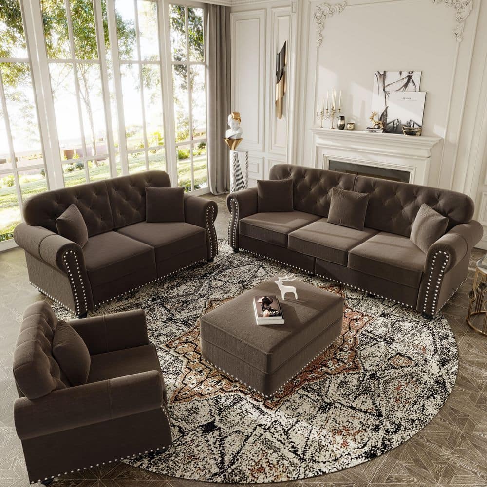 4-Piece Brown Velvet Upholstery Living Room Set