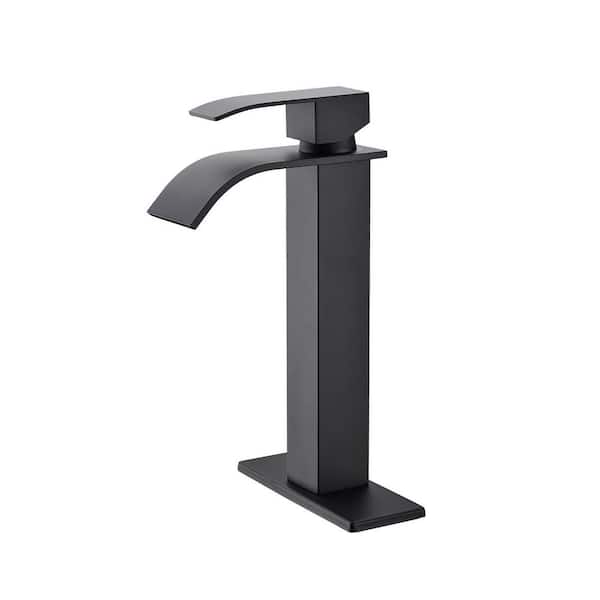 Satico Single Handle Single Hole Bathroom Faucet with Deckplate and Waterfall Spout in Matte Black (1-Pack ）