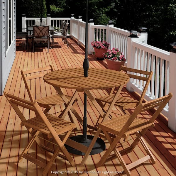 Furinno Tioman Round Hardwood Nation Outdoor Dining Table With Umbrella Holes Fg19018f The Home Depot - Round Patio Table Set With Umbrella Hole