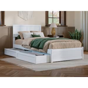 Lylah White Solid Wood Frame Twin XL Platform Bed with Panel Footboard and Storage Drawers