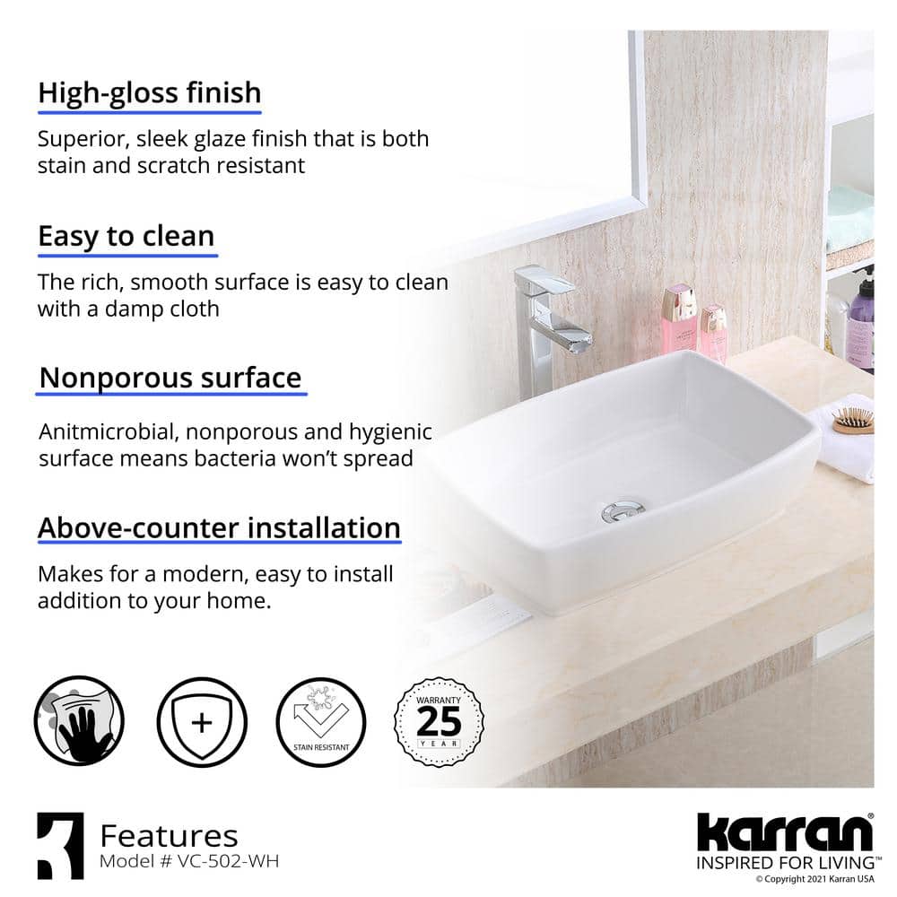 White Ceramic Rectangular Above-Counter Vessel Sink