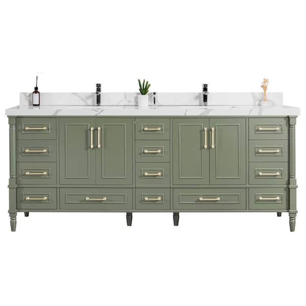 Willow Collections Hudson 84 in. W x 22 in. D x 36 in. H Double Sink Bath Vanity in Pewter Green with 2 in Calacatta Quartz Top