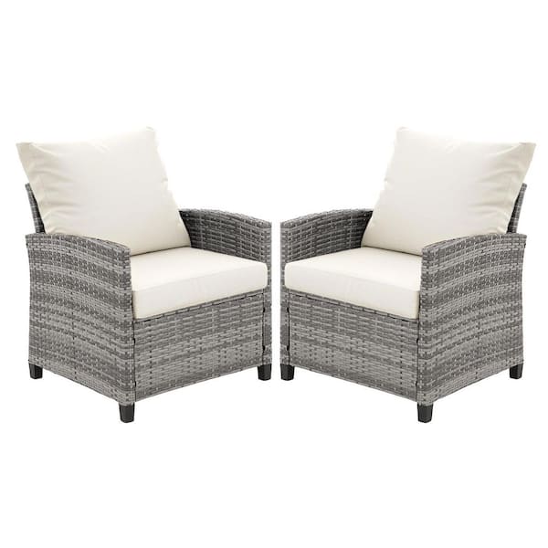 2-Piece Single Wicker Patio Conversation Set with Beige Cushions