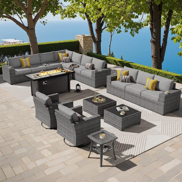 Bissty Gray 16-Piece Wicker Wide Arm Patio 54 in. Rectangle Fire Pit Conversation Set with Dark Gray Cushions