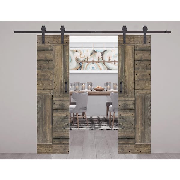 ISLIFE S Series 48 in. x 84 in. Aged Barrel Finished DIY Solid Wood Double Sliding Barn Door with Hardware Kit