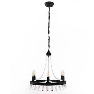 6-Light Matte Black Crystal Chandelier, Rustic Industrial Candle-Style Ceiling Light for Dining Room and Entryway