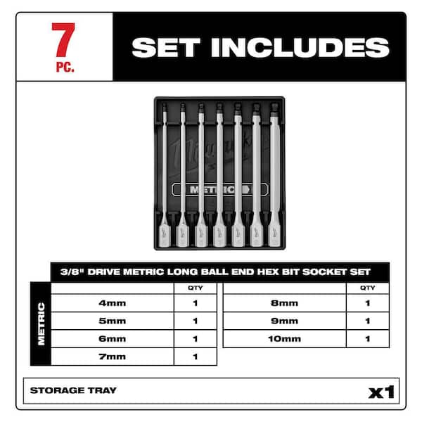 3/8 in. Metric Drive Long Ball End Hex Bit Socket Set (7-Piece)