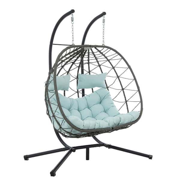Outdoor Garden 2 Person Wicker Swing Chair Outdoor Rocking Chair Foldable Hanging Egg Chair with Stand and Green Cushion
