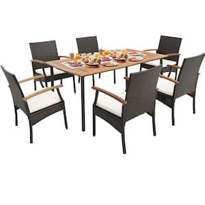 7-Piece Wood Outdoor Dining Set Acacia Wood Armrests Table with Umbrella Hole and White Cushion