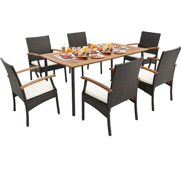 Costway 7-Piece Wood Outdoor Dining Set Acacia Wood Armrests Table with Umbrella Hole and White Cushion