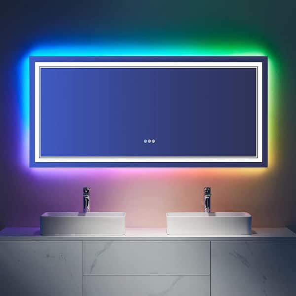 TOOLKISS 60 in. W x 28 in. H Rectangular Frameless LED Light Anti Fog Wall Bathroom Vanity Mirror in RGB Backlit Front Lighted