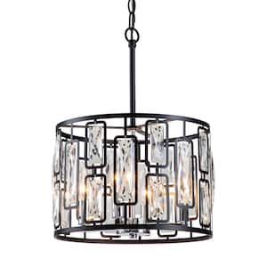 4-Light Black Drum Pendant Light with Clear Crystals