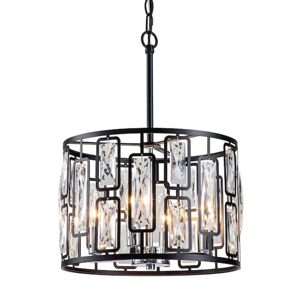 C Cattleya 4-Light Black Drum Pendant Light with Clear Crystals
