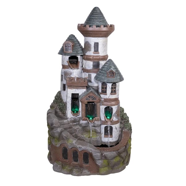 Alpine Corporation 35 in. Tall Outdoor Tower Castle Fountain with Color Changing LED Lights Yard Art Decoration