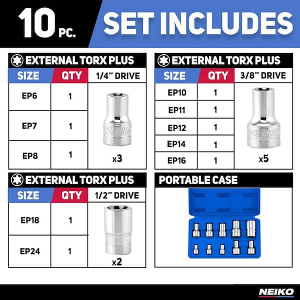 NEIKO External Torx Plus Socket Set, EP6-EP24, Cr-V Steel, 1/4,3/8
