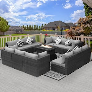 Luxury Gray 13-Piece 12-Seats Wicker Patio Fire Pit Sofa Set with Light Gray Cushions and 43 in. Fire Pit Table