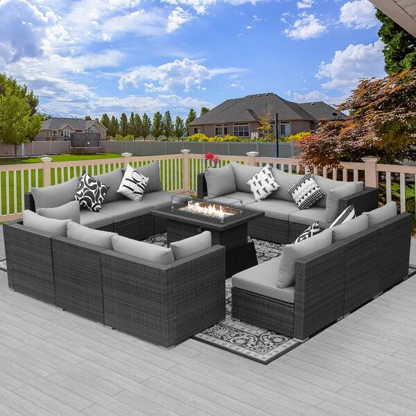 NICESOUL Luxury Gray 13-Piece 12-Seats Wicker Patio Fire Pit Sofa Set ...