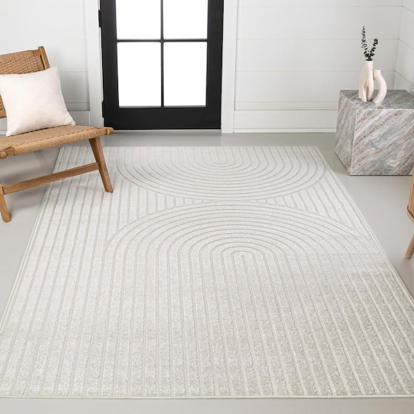 Sofia High-Low MidCentury Modern Arch Stripe 2-Tone Ivory/Cream 8 ft. x 10 ft. Indoor/Outdoor Area Rug