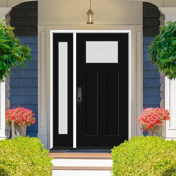 Legacy 51 in. x 80 in. 1/4 Toplite Rain Glass RHIS Primed Black Finish Fiberglass Prehung Front Door w/12 in. SL
