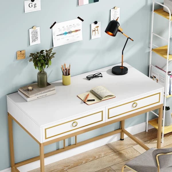 Tribesigns White Desk with Drawers & Metal Legs, Modern Vanity Desk Writing  Desk Computer Desk with Storage, Women Girls Desk Make Up Dressing Table  for Home Office, Bedroom, Living Room (47 Inches) 