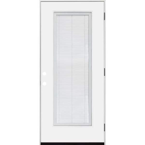 Legacy 28 in. x 80 in. Full Lite Clear Micro Blind LHOS White Primed Fiberglass Prehung Door with 4-9/16 in. Jamb