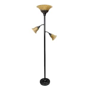 71 in. Restoration Bronze Torchiere Floor Lamp with 2 Reading Lights and Champagne Scalloped Glass Shades