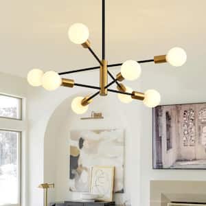 8-Light Modern Height Adjustable Sputnik Chandelier Black and Gold for Bedroom Living Room Dining Room Kitchen Foyer