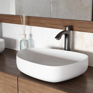 Matte Stone Peony Composite Specialty Vessel Bathroom Sink in White with Linus Faucet and Pop-Up Drain in Antique Bronze