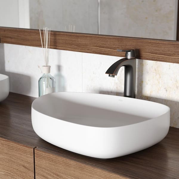 VIGO Matte Stone Peony Composite Specialty Vessel Bathroom Sink in White with Linus Faucet and Pop-Up Drain in Antique Bronze