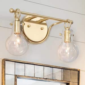Modern Gold Vanity Light 14 in. 2-Light Globe Bathroom Wall Sconce Industrial Brass Wall Light with Clear Glass Shades