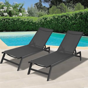 Black 2-Pieces Set Aluminum Outdoor Chaise Lounge Chairs, 5-Position Adjustable Recliner for Patio, Beach, Yard, Pool