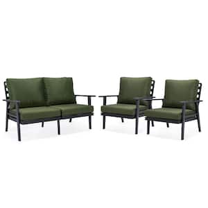 Walbrooke Black 3-Piece Aluminum Outdoor Loveseat and Set of 2 Armchairs with Removable Cushions, Green