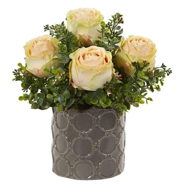 Nearly Natural Indoor 11 in. Roses and Eucalyptus Artificial Arrangement in Designer Vase