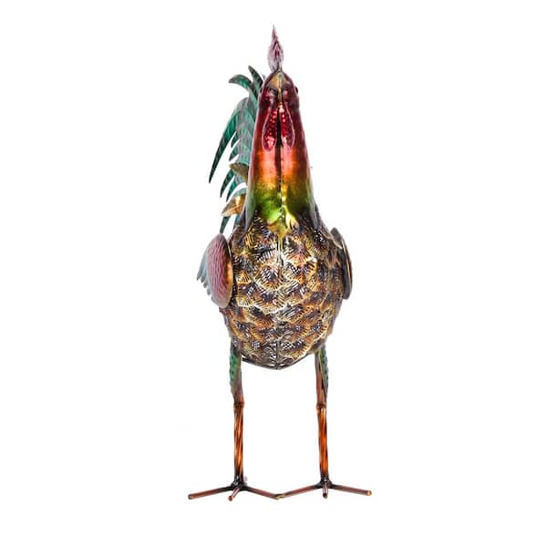 16 in. Tall Outdoor Metallic Rooster Standing Yard Statue Decoration, Turquoise