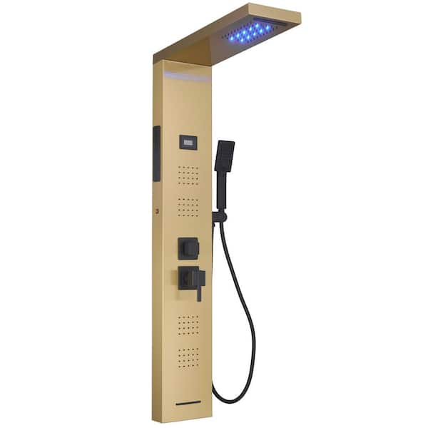 HOMEMYSTIQUE 4-Jet Rainfall Shower Panel System with Rainfall Waterfall Shower Head, Shower Wand, LED Light in Black Gold