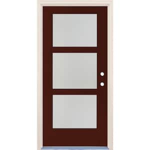 36 in. x 80 in. Left-Hand/Inswing 3 Lite Satin Etch Glass Chestnut Fiberglass Prehung Front Door w/4-9/16" Frame