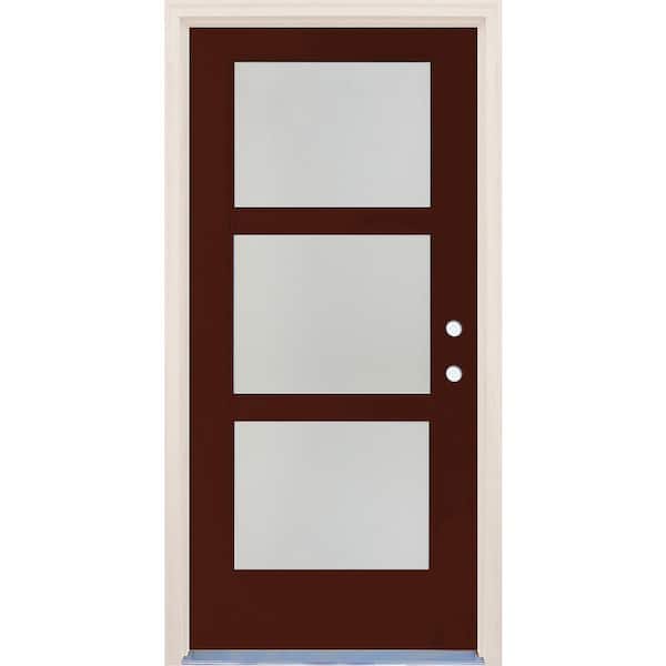 Builders Choice 36 in. x 80 in. Left-Hand/Inswing 3 Lite Satin Etch Glass Chestnut Fiberglass Prehung Front Door w/4-9/16" Frame