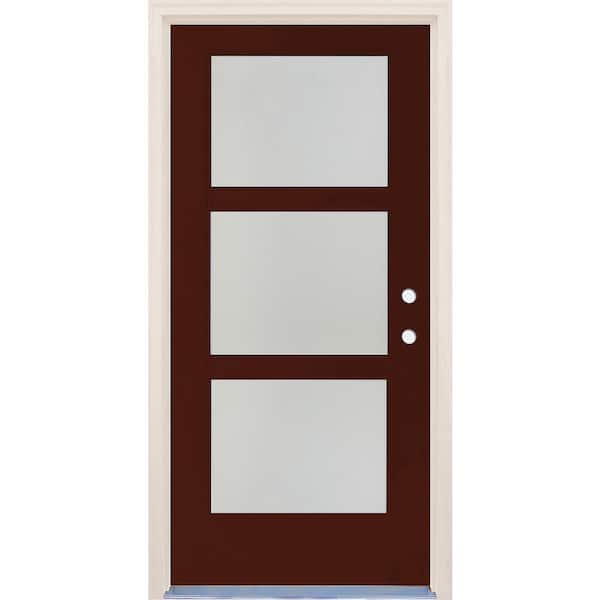 Builders Choice 36 in. x 80 in. Left-Hand/Inswing 3 Lite Satin Etch Glass Chestnut Fiberglass Prehung Front Door w/6-9/16" Frame