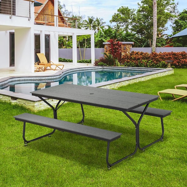 72 in. Gray Rectangle HDPE and Metal Picnic Tables for 6-People 8-People with 2.3 in. Umbrella Hole