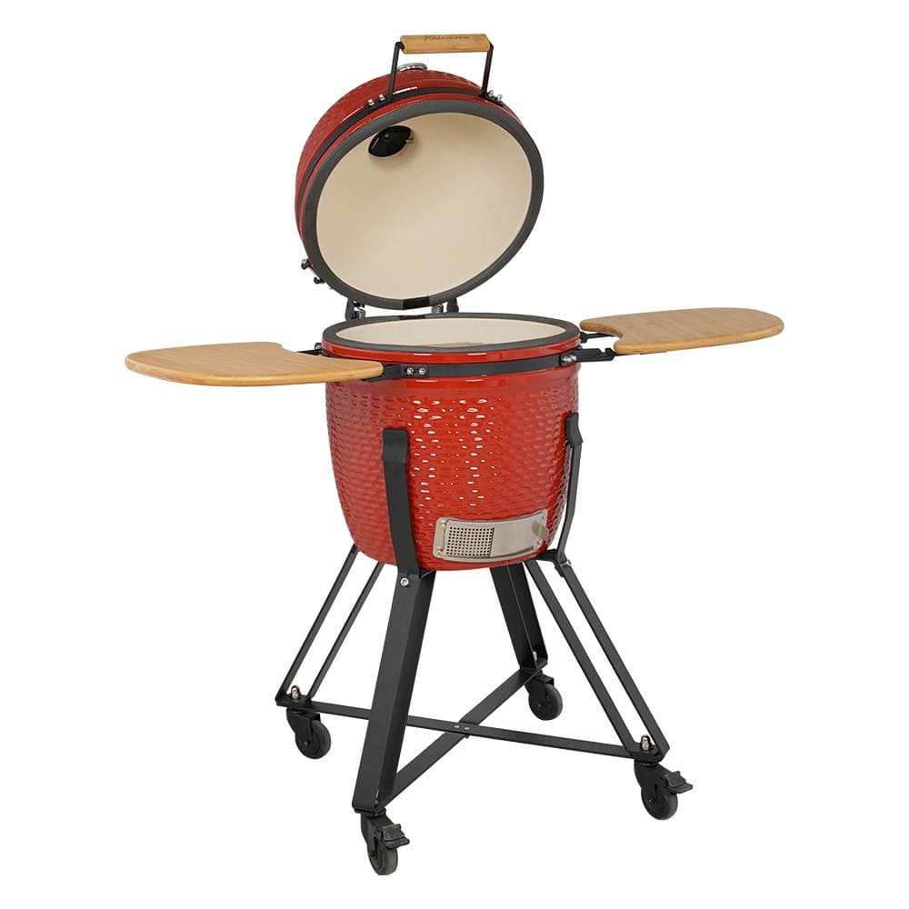 18" Red Ceramic Kamado Charcoal Grill with Folding Shelves