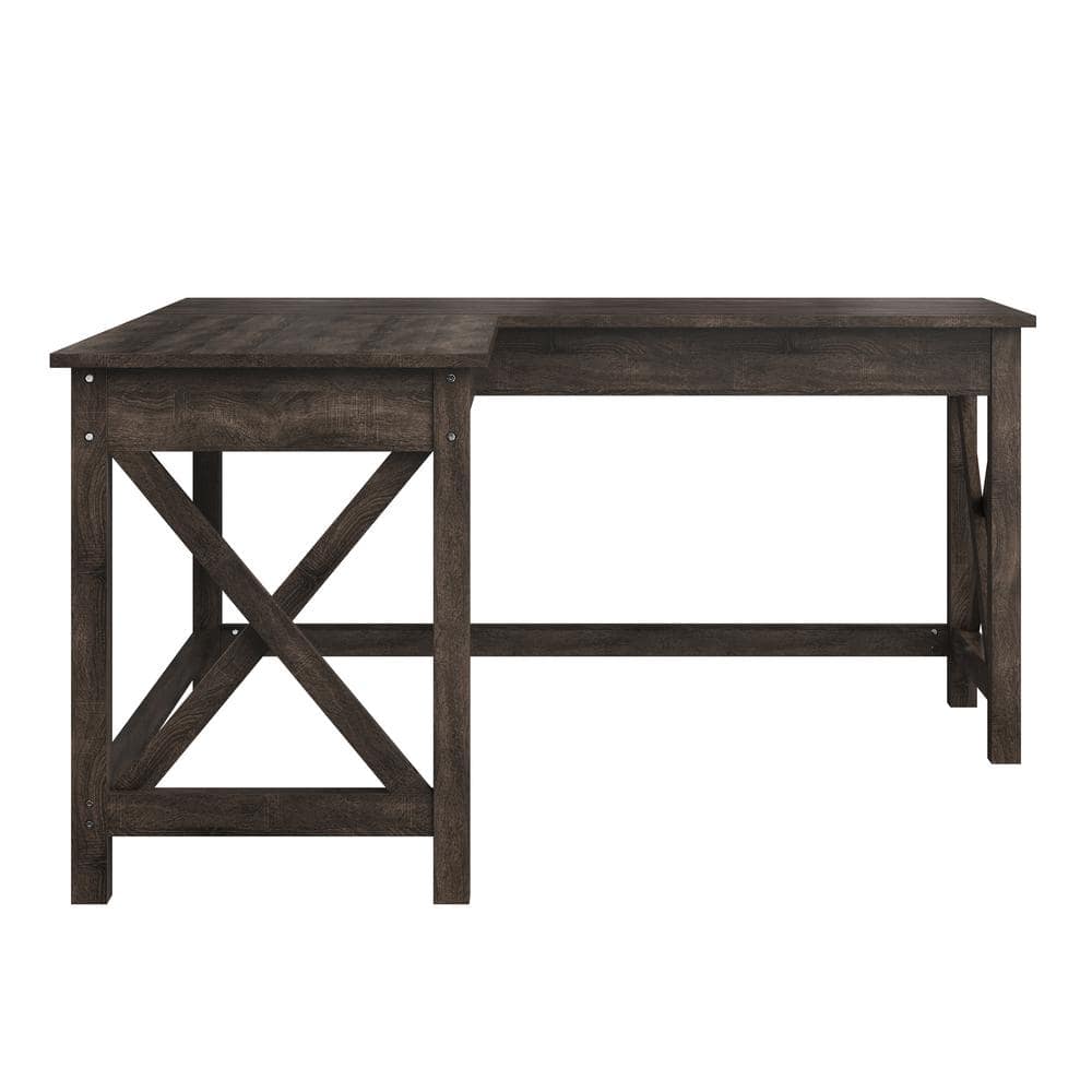Dark Gray Oak L-Shaped Computer Desk with X-Pattern Legs