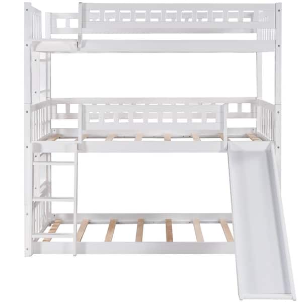 URTR Modern White Wood Triple Bunk Bed with Slide, Twin-Over-Twin-Over-Twin Bunk Bed Frame with Ladder and Guardrails