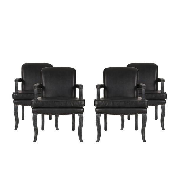 Noble House Ardson Midnight Black and Gray Faux Leather Dining Arm Chairs (Set of 4)