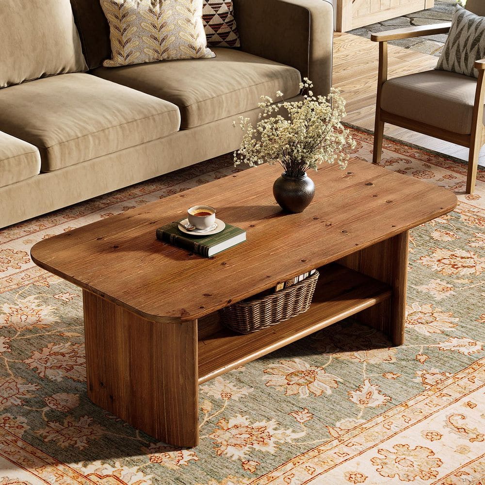 BYBLIGHT Kerlin 47 in. Brown Rectangle Solid Wood Coffee Table