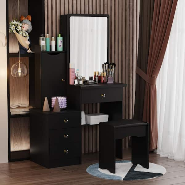 FUFU GAGA Black Wood Sliding Big Mirror Makeup Vanity Sets Dresser Table Sets With Cabinet Storage Shelves 4 Drawers and Stool TC WFKF210096 06 The Home Depot