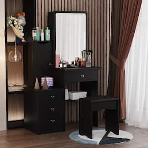 Black Wood Sliding Big Mirror Makeup Vanity Sets Dresser Table Sets With Cabinet, Storage Shelves, 4-Drawers and Stool