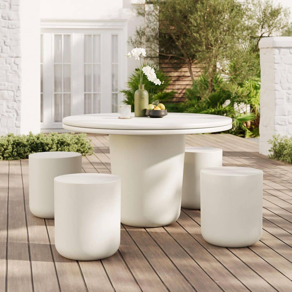 Brion Indoor-Outdoor Patio Concrete Stone 5 Piece Dining Table Set in White price history on PriceWatchPro