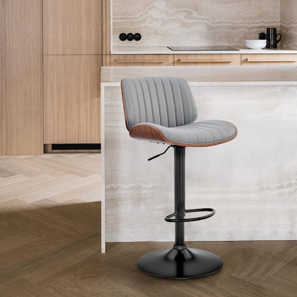 Armen Living Brock 24-33 in. Adjustable High Back Grey Faux Leather and Walnut Wood with Black Finish Bar Stool