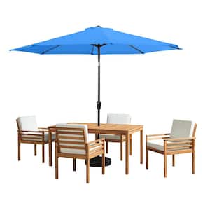 6 -Piece Set, Okemo Wood Outdoor Dining Table Set with 4 Cushioned Chairs, 10 ft. Auto Tilt Umbrella Brilliant Blue